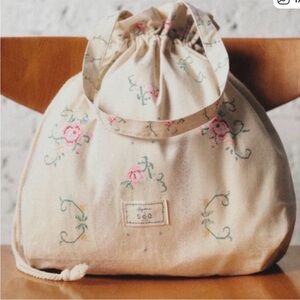 Sea for Sezane Floral Embroidered Drawstring Bag - Cream and Green bag